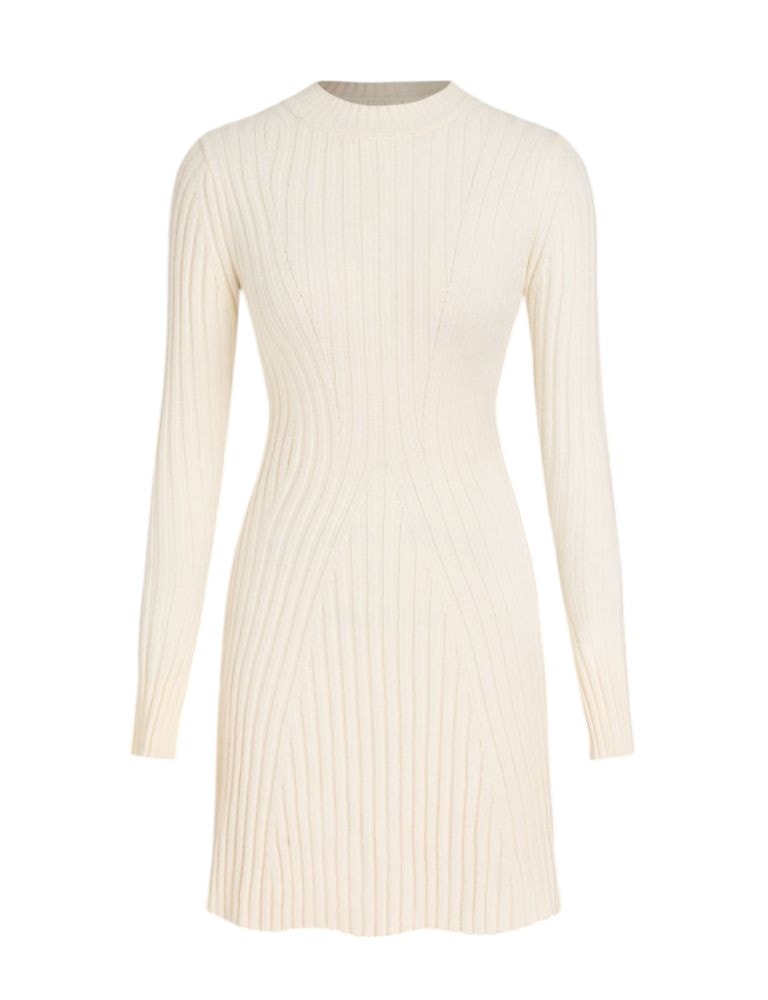 Cider Ribbed Round Neck Ruffle Stretch Cream Mini Dress Women's Size 10